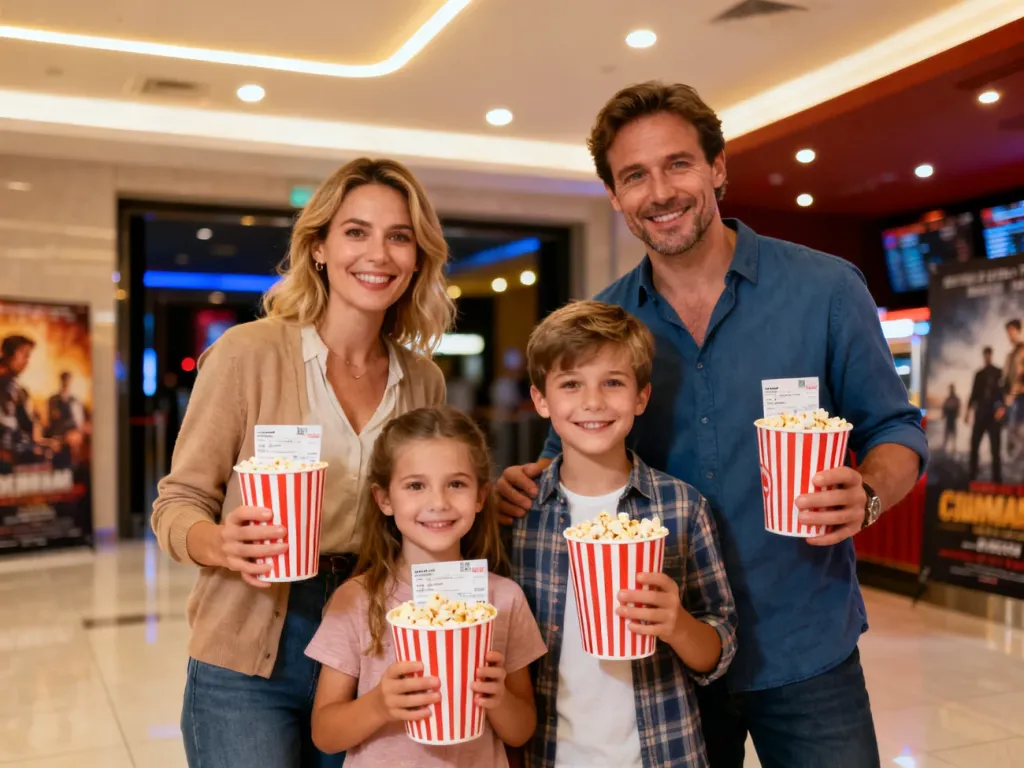 Szczęśliwa czteroosobowa rodzina z biletami i popcornem w nowoczesnym holu kina Cinema City.