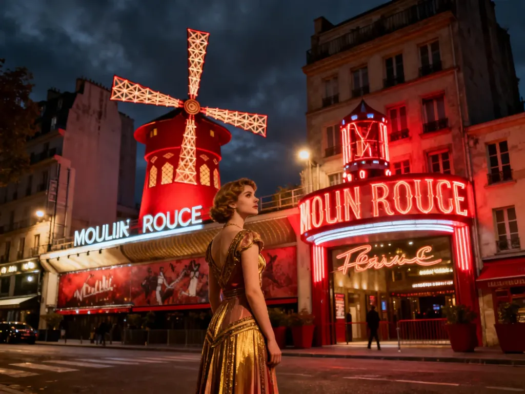 Elegancka kobieta w stylu lat 20. stoi przed oświetlonym czerwonym młynem Moulin Rouge w Paryżu.