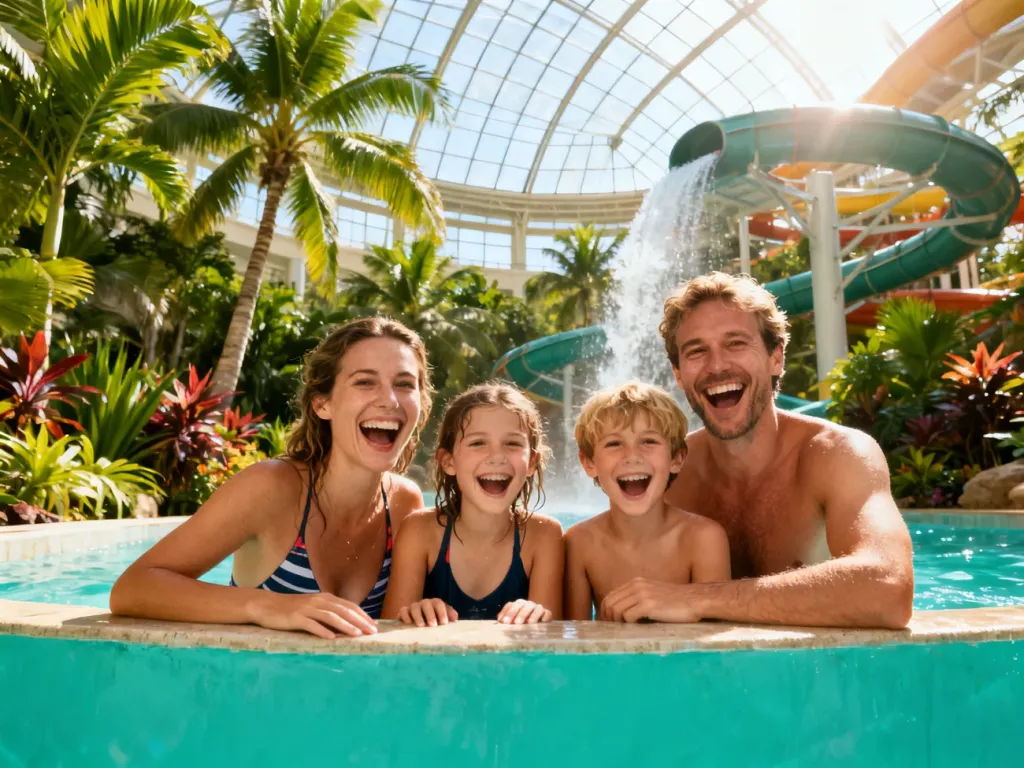 Szczęśliwa rodzina wypoczywająca w basenie w otoczeniu egzotycznej roślinności i zjeżdżalni w Tropical Island.