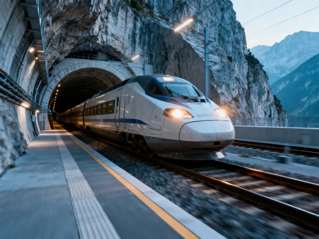 Nowoczesny pociąg szybkiej kolei przejeżdżający przez oświetlony tunel wydrążony w austriackich Alpach.